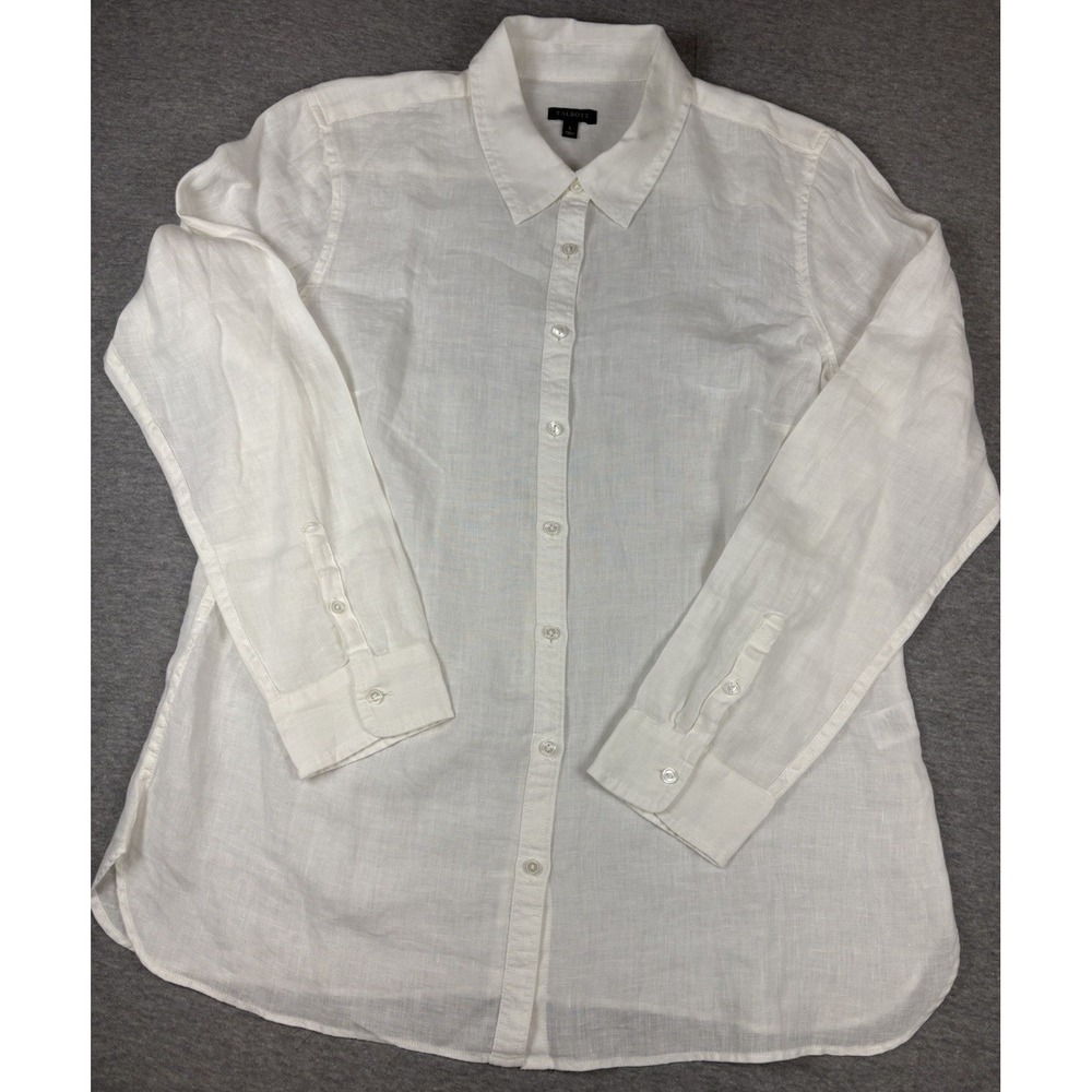 Talbots 100% Linen Button Down Shirt Womens Large Wide Cuff Breast Darts White